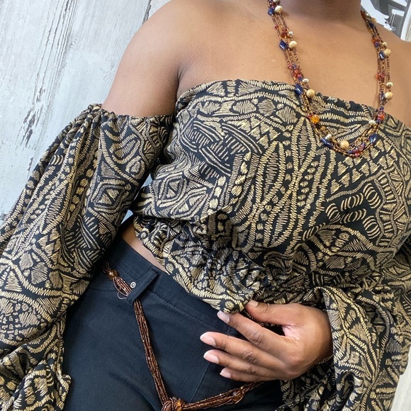 Brown and black ethnic print off the shoulder top - Picture 5 of 7